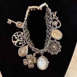 Silver Watch Charm Bracelet with Locket Key and Floral Accents